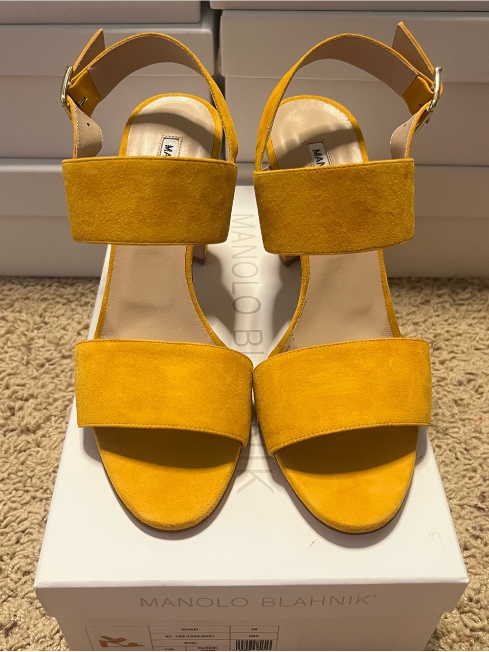 Manolo Blahnik - Khan Mustard Yellow Suede Block Heel Sandals - NEVER WORN
